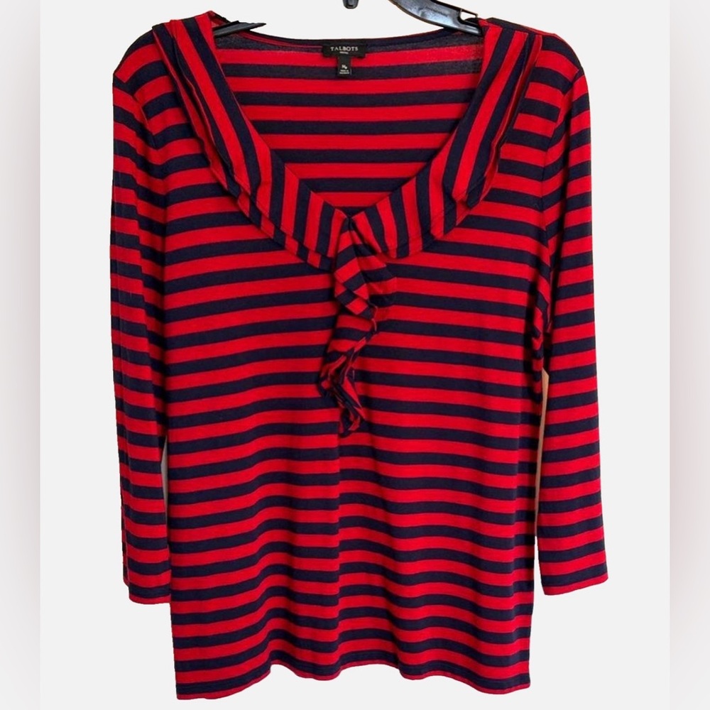 Talbots Petite PM Red Navy Striped Ruffle Top Long Sleeve Preppy Nautical